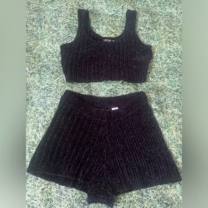 NASTYGAL BLACK CHENILLE SLEEP LOUNGE SET